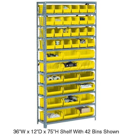 Global Industrial Steel Open Shelving, 30 Yellow Plastic Stacking Bins 11 Shelves, 36x12x73 603250YL